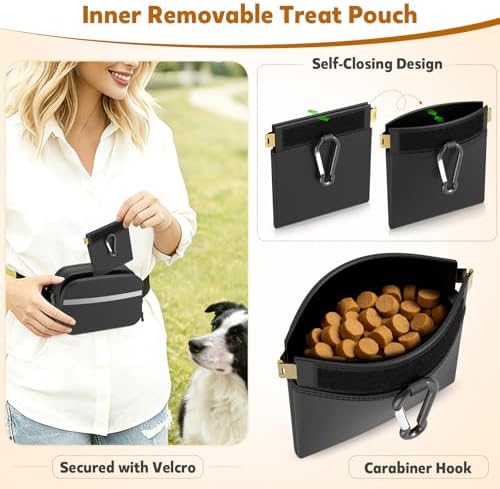 Dog Treat Pouch with Poop Dispenser and Reflective Strip for Training Walks | Removable Auto Closing Pouch, Dual Compartment, Waterproof Fabric, Crossbody Waist Belt for Hiking Outdoor Everyday Use