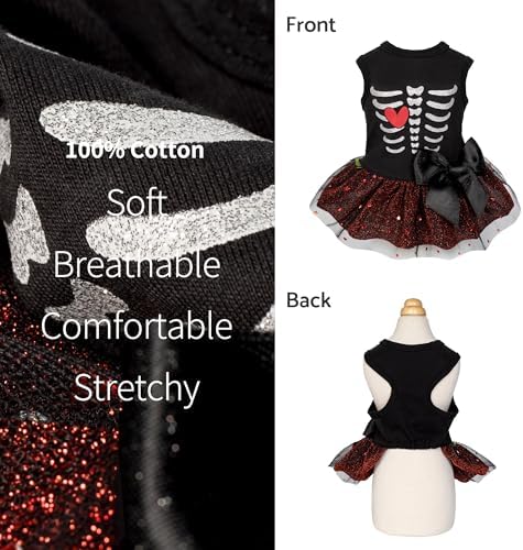 Fitwarm Halloween Skeleton Dog Dress, Funny Dog Halloween Costumes, Doggy Clothes for Small Dogs Girl, Pet Apparel, Black, Red, White, Large