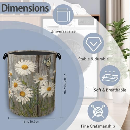 Vintage Daisy Laundry Basket,Wooden Butterfly Oxford Cloth Laundry Hamper with Handle Foldable Portable Clothes Storage Basket for Bathroom Bedroom Dorm Room 16" x 20.8"
