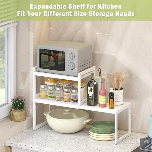 Expandable Cabinet Shelf Organizer, Stackable Kitchen Counter Shelf, White | Space Saving Metal Pantry Storage Racks for Kitchen Spice Rack Pans and Untensils Bathroom Office Organization, 1-Tier