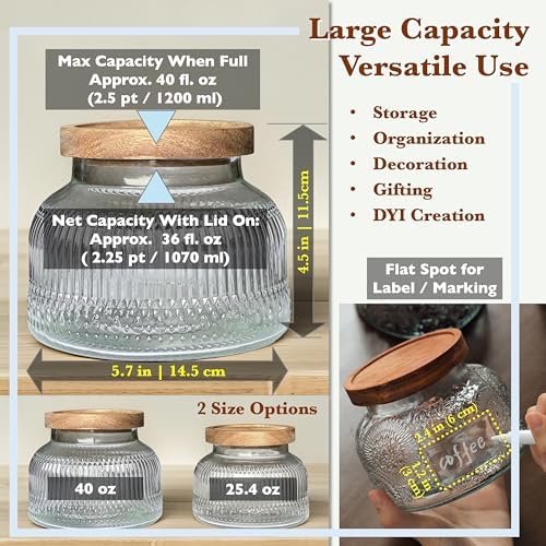 Decorative Ribbed Glass Jar with Airtight Wooden Lid, 40 fl. oz | Wide mouth vintage storage canister, kitchen pantry bathroom organization, coffee sugar tea cookie candy candle vase gift