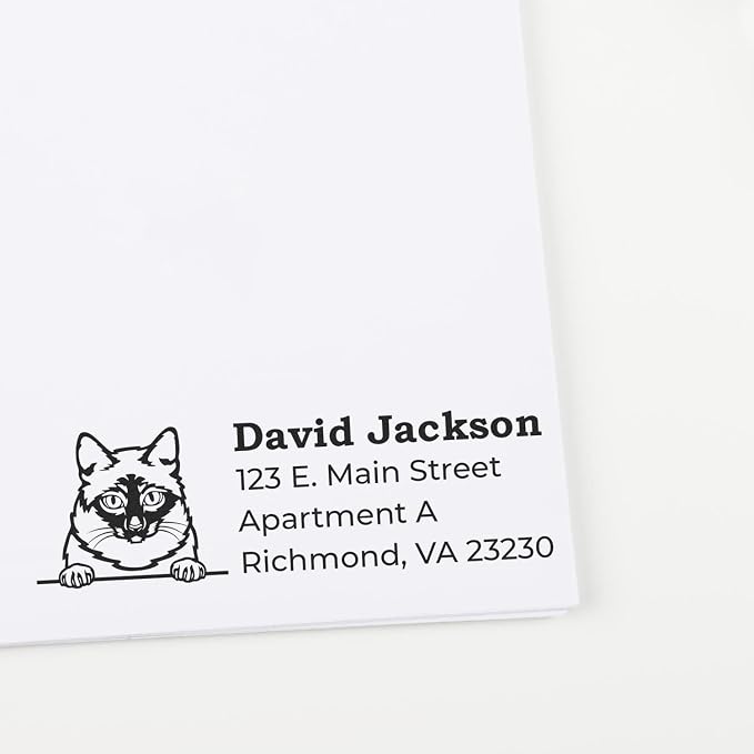Peeking Mekong Bobtail Cat Wood Handle Address Stamp - Personalized Stamp | Return Address Stamp for Mekong Bobtail Cat Lovers. Envelope Stamp for Cat Lovers Custom Made. 4 lines of custom text.
