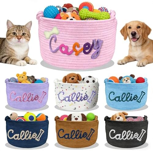 Personalized Dog Toy Basket Custom Cat Cotton Blend Pet Storage Bin with Embroidery Name Handwoven Pet Organizer for Puppy Kitten Ideal Pet Birthday Easter Gift