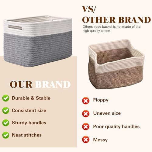 Storage Baskets for Organizing, 4 Pack Baskets for Shelves, Decorative Storage Bins for Shelves, Cotton Rope Storage Basket with Handles, Woven Basket for Storage, 13''Lx8.7''Wx7.9''H, White & Gray