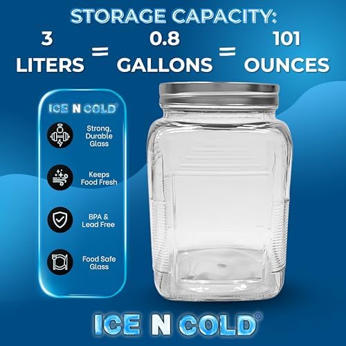 ICE N COLD 3-Liter Glass Storage Jar – 0.79 Gallon, 101 Oz, with Brushed Aluminum Lid (2)