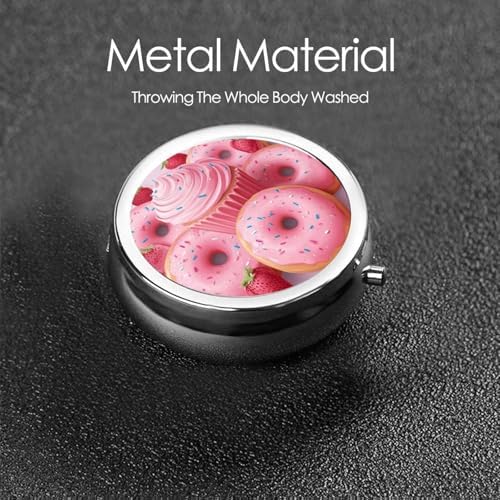 Pill Box 3 Compartment Medicine Pill Case for Pocket or Purse Mini Metal Pillcase Pink Donut and Cupcake Pill Holder Vitamin Organizer Portable Travel Pills Container to Hold Supplements Vitamins