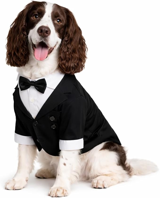 Lovelonglong Pet Costume Dog Suit Formal Tuxedo with Black Bow Tie for Medium Dogs Husky Clothing Black L-M