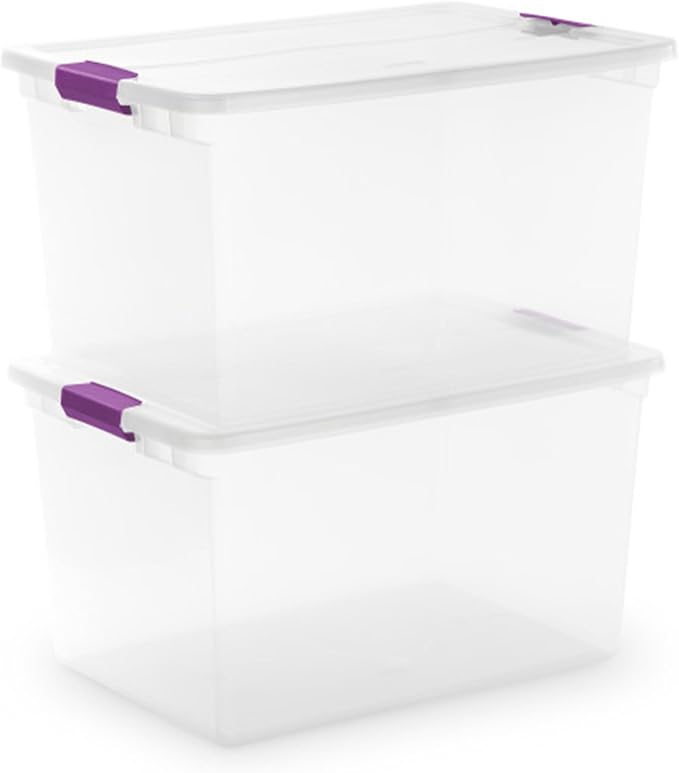 Sterilite ClearView Latch Boxes, Storage Bins with Lids, 66 Quart, 18-Pack | Clear Plastic Organizers with Color Accent Latches for Closet, Bedroom, Shelving Units, Dorm Room and Home Organization