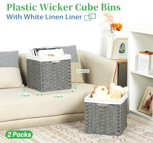 Bidtakay Wicker Baskets for Shelves Waterproof Imitation Wicker Cube Storage Bins with Liners for Organizing Closet Cabinet 11x11 inch Storage Cube Organizer for Pantry-Dark Grey 2-Pack