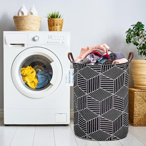 Round Laundry Basket Collapsible Storage Hamper Organizer Black diamond | Waterproof Canvas Foldable Baskets with sturdy Handles Multi-scene Organizer for Home Play Bedroom Gift Bin