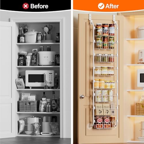Delamu Narrow Over The Door Pantry Organizer, 8-Tier Metal Pantry Door Organization and Storage for Easy Install, Hanging Spice Rack Shelves, Door Organizer for Kitchen, 4.65"D x 13"W x 65"H, White