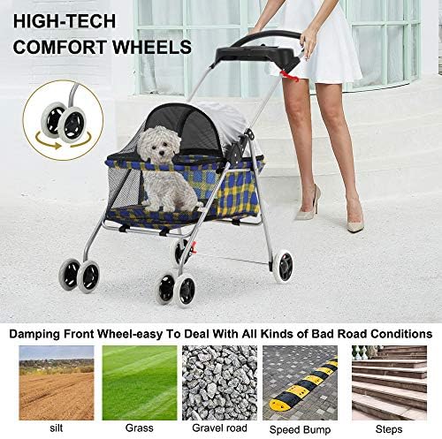 Meet Perfect Pet Stroller for Small/Medium Dogs & Cats, Foldable | Waterproof fabric helps protect pets during outdoor travel; Mesh panels provide ventilation and visibility.