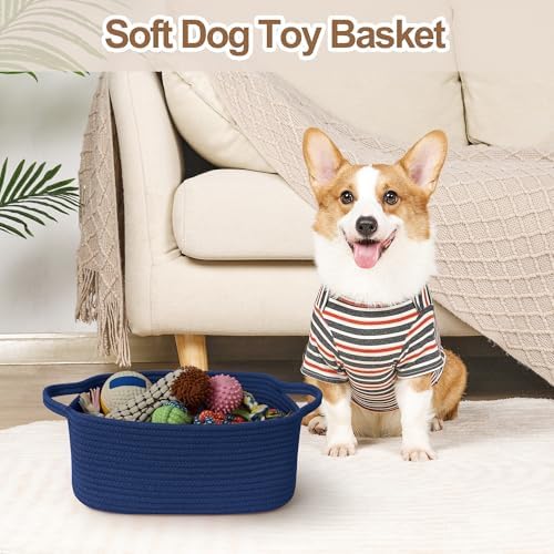 Cute Blue Woven Basket, Empty Gift Basket for Christmas, Thanksgiving, Easter, Birthday, Cotton Rope Storage Bin with Handle for Gift, Dog Toy Box, Baby Nursery Organizer, Dark Blue Decor