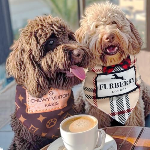 Chewy Vuiton Dog Bandana Designer Fashion Scarf Kerchief for Small Medium and Large Dogs, Funny Parody Gift for Girl or Boy Dog, Soft Durable Fabric, Adjustable Tie-On Style Triangle