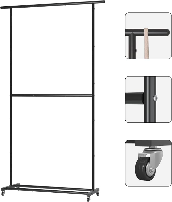 Sywhitta Double Rod Clothing Garment Rack, Rolling Clothes Organizer on Wheels for Hanging Clothes, Easy to Assemble, Adjustable, Black (Pack of 2)