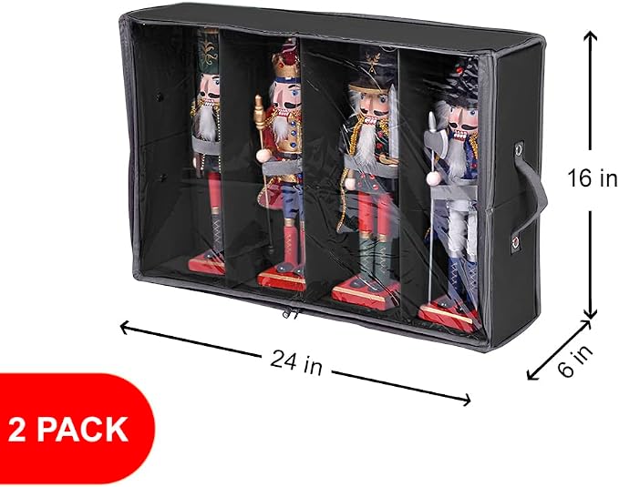 2 Pack Christmas Figures Storage Box | Each Holds 4 Holiday Figurines up to 16” | Adjustable Nutcracker Decor Ornament Storage Container | Xmas Decorations Accessories Boxes (Black)