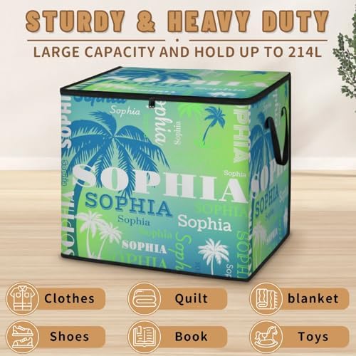 Personalized Name Large Storage Basket with Lid, Canvas Storage Bins Quilt Clothes Organizer for Bedroom, Kitchen, Bathroom, Nursery, Shelves, Closets, Blue White Trees Gradient Lime Yellow Blue