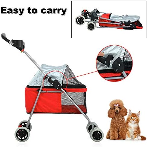 Meet Perfect Pet Stroller for Small/Medium Dogs & Cats, Red, Foldable | Waterproof fabric helps protect pets during outdoor travel; Mesh panels provide ventilation and visibility.