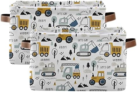 Wamika Excavator Truck Toy Storage Basket Fabric Kitchen Baskets Cars Boys Toys Open Home Storage Bins Boxes Foldable Organizer Bag for Baby Cloth Book Shelf Closet Baskets 16×12×8 Inches