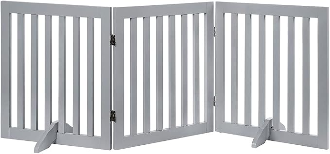 unipaws 24”H Free Standing Pet Gate for Dog Cat, 60”Wide Wooden Dog Gates | Foldable Pet Fence for Doorway, Stairs, Step, Expandable Doggy Barrier, Indoor Use