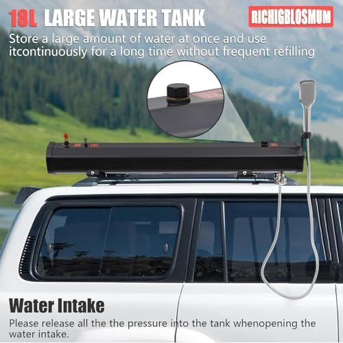 Sun-Powered Portable Roof Rack Water Tank – Pressurized Shower for Overlanding, Pet Washing, Gear Cleaning & Vehicle Storage – Includes 5.58ft Hose & Carry Bag (4.8Gal/18L)