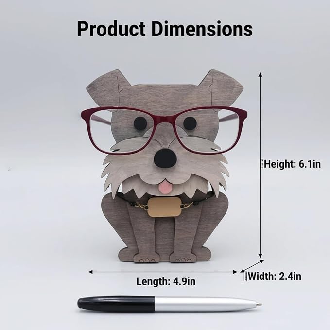 Dog Eyeglass Holder Stand, Wooden Glasses Organizer for Desk Decor | Cute animal glasses holder for eyeglasses and sunglasses, wooden dog desk organizer for nightstand, office or gifting