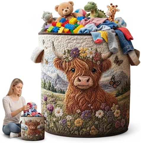 Purple Flower Highland Cow Laundry Hamper Large Fabric Clothes Basket Decorative Toy Organizer Bin for Bedroom Laundry Room(16" x 22")