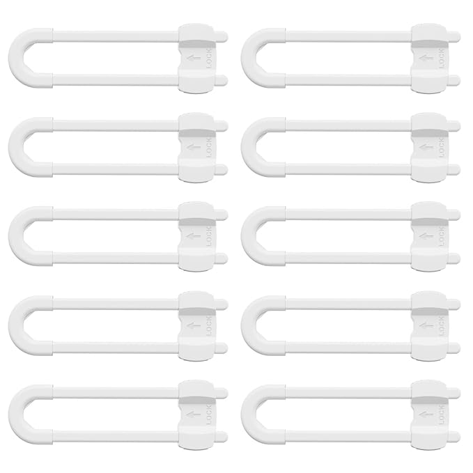 (10 pack white) 4 button Cabinet Locks, U-Shaped Proofing Drawers Safety Child Locks Adjustable, for Wardrobe,Kitchen,Bathroom,Drawer,Fridge,Cupboard Doors Knobs & Handles