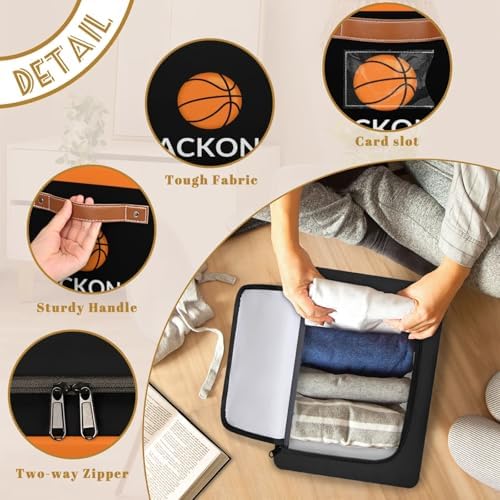 Custom Storage Basket with Zipper Lid, Basketball Sport Ball Foldable Fabric Storage Boxes Decorative Closet Shelves Clothes Organizer Container Cubes with Handle 1PCS