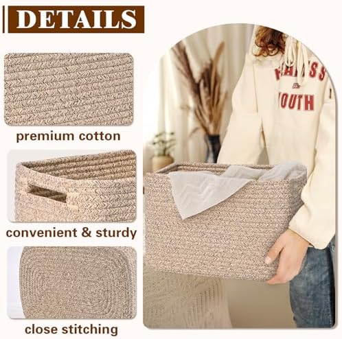 Storage Baskets for Organizing, 4 Pack Baskets for Shelves, Decorative Storage Bins for Shelves, Cotton Rope Storage Basket with Handles, Woven Basket for Storage, 13''Lx8.7''Wx7.9''H, Brown