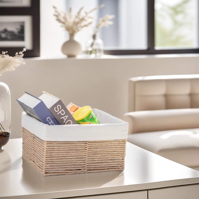 GYASVWU Hand-Woven Paper Rope Storage Baskets,Rectangular Wicker Baskets for Organizing,Decorative Woven Basket for Storage,Shelf Basket for Living Room,Storage Baskets for Pantry (Beige - Small)