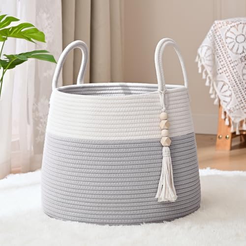 Large Nursery Hamper, 30L Blanket Basket with Handle, Baby Laundry Basket for Gift, Toy, Clothes, Woven Storage Basket with Wooden Bead Decor, Baby Hamper for Nursery (Black&Brown)