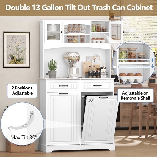 Double 13 Gallon Tilt Out Trash Can Cabinet with Deodorizing Function and Power Outlet, 71" Tall Wooden Garbage Can Holder Cabinet with 2 Storage Hutch & 2 Drawers for Kitchen and Dining Room, White