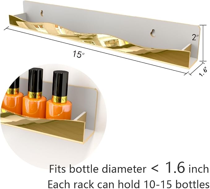 Wall-Mounted Nail Polish Organizer Rack - 15-Inch Gold Mirror Finish Nail Polish Shelf, Makeup & Beauty Essentials Storage - Multi-Purpose Display Holder for Small Space, Vanity Bathroom, 6 Pack