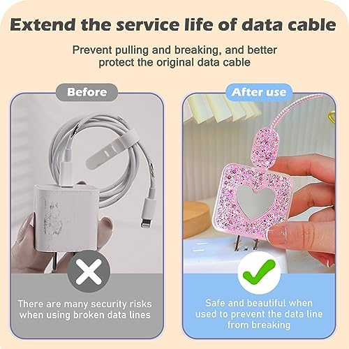 DIY Cable Protector Compatible for Apple iPhone Charger with Mirror,Cute Glitter Bling Love Heart Design,Data Line USB Case Wire Cable Saver Phone Charger Protector for iPhone (Pink)