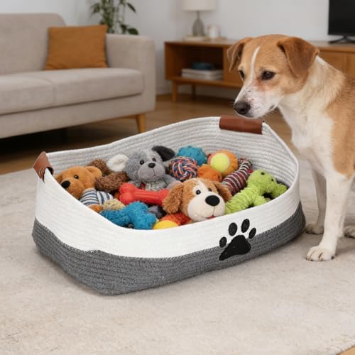 Woven Dog Toy Basket Large 100% Cotton Rope Basket for Dog Cats Toys Dog Toys Box for Living Room Area-Trapezoid Dog Toys Bin-Nursery Gift for Pet Toys,Collar,Leash,Blanket,Clothes-Grey