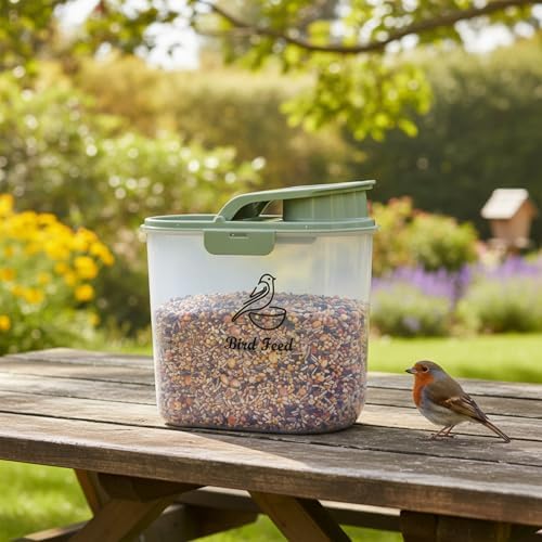Bird Seed Storage Container, 2L/2.1Qt, Airtight, Flip Lid & Pour Spout | Bird Food Container with Scale for Sunflower Seeds, Portable Travel Kibble Storage Dispenser for Small Animal,Green