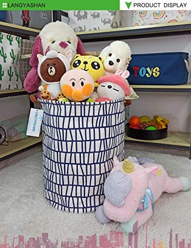 Round Laundry Basket Collapsible Storage Hamper Organizer Blue Stripes | Waterproof Canvas Foldable Baskets with sturdy Handles Multi-scene Organizer for Home Play Bedroom Gift Bin