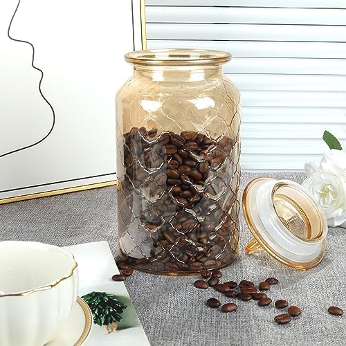Joeyan 45 oz Amber Glass Storage Jar with Airtight Glass Lids, Vintage Embossed Food Container, Decorative Kitchen Canister Organizer for Candy, Flour, Coffee Bean, Pet Treats