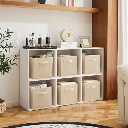 MAX Houser 6 Pack Foldable Fabric Storage Bins with Dual Handles, Beige | 6 pack cloth storage bins with dual carry handles, Foldable Storage Cubes Organizer Baskets, ideal for home bedroom closet