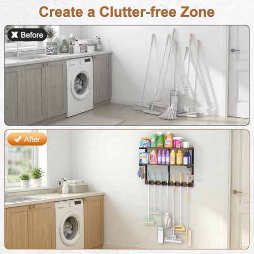 Housolution Wall Mount Broom Holder Hanger Laundry Room Storage Shelves | 2 Tier Large Capacity, Thickened Metal Frame, 100 LBS High Load-Bearing, Multifunctional with 7 Grippers & 8 Hooks