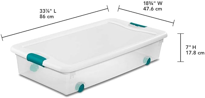Sterilite 56 Qt Wheeled Latching Storage Box, Stackable Bin with Latch Lid, Plastic Container to Organize Shoes Underbed, Clear with White Lid, 1-Pack