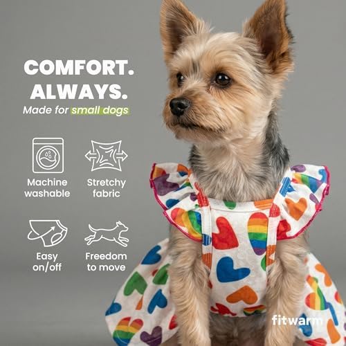 Fitwarm Colorful Heart Dog Dress, Summer Clothes for Small Dogs Girl, Cute Pet Rainbow Outfit, Red, Yellow, Blue, Green, White, Small