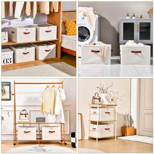 INSTY 2 Pack Shoe Organizer for Closet, Fits up to 32 Pairs, Adjustable Dividers for Shoe Storage, Fabric Shoe Storage Bins with Clear Cover, Beige