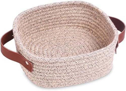 ABenkle Small Storage Basket, Mini Baskets, Cute Rope Woven Baskets for Organizing, Square Shelf Storage with Handle, Boho Decorative Toy Bin for Nursery, Spa, Empty Gift Basket - XS, Mixed Brown