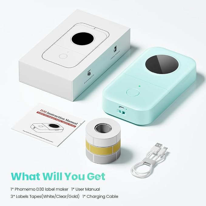 Phomemo D30 Portable Thermal Printer, Label Maker Machine with 3 Tapes | Bluetooth Mini Label Maker, Wireless Label Maker Machine Labeler for Home Office, Works with Tablet, Smartphone