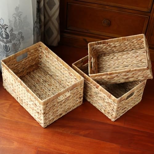 KINGWILLOW Woven Natural Water Hyacinth Rectangular Organizer Basket, Small