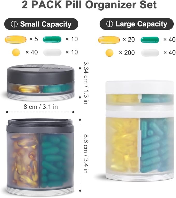 KIGI 2 Pack Extra Large Capacity Double Layers Medicine Organizer and Pill Case with 8 Compartments, Medicine Dispenser, Monthly Vitamins Organizers, Pill Bottle