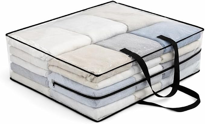 95L Underbed Storage Bag, Clear Foldable Bedding Organizer for Blankets, Comforters, Clothes, Pillows and Seasonal Items, Soft Under Bed Storage Container with Handles, 1 Pack