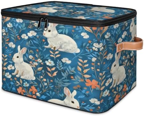 Rabbit Easter Storage Box with Zipper Lid | Collapsible, Fabric, Storage Bin, Handle, Large, Closet Organizer, Containers, Bedroom, Home, Spring Bunny Flowers